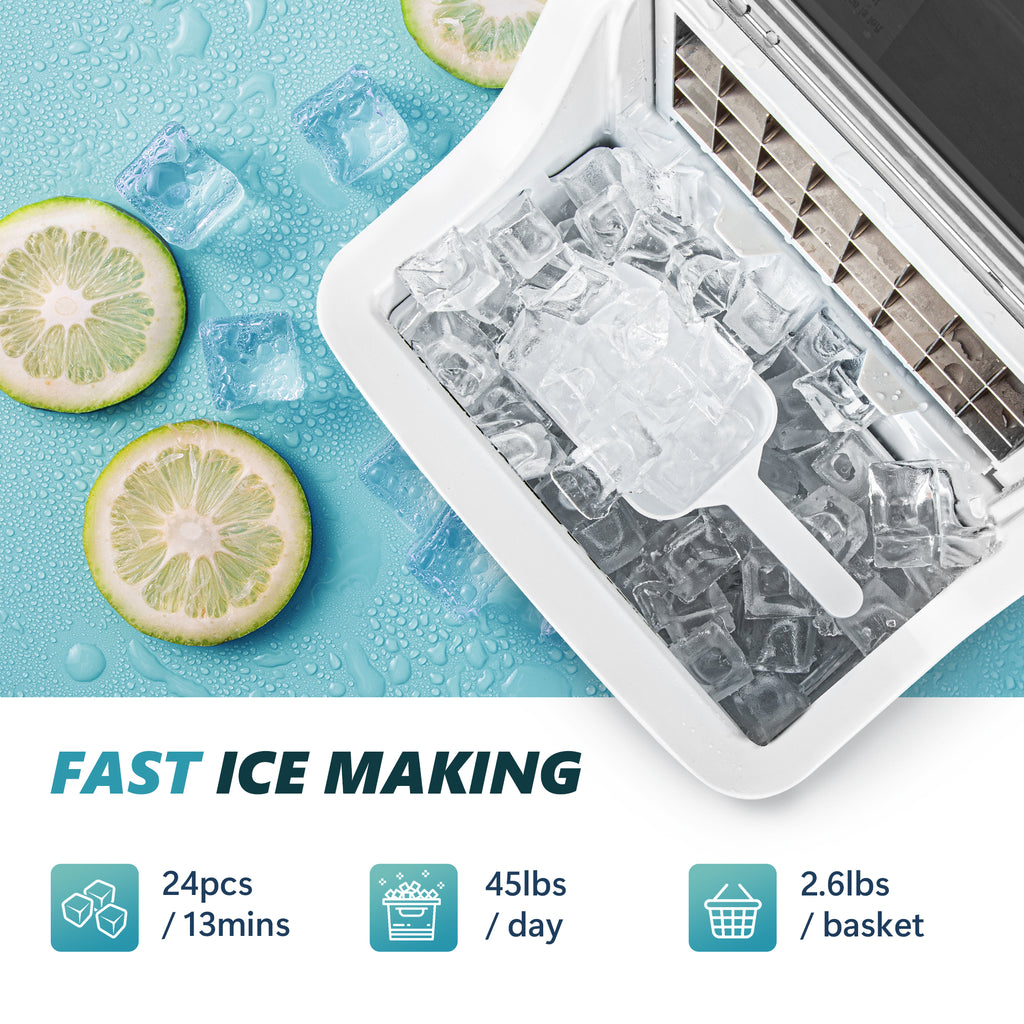 Silonn Ice Makers Countertop - 24pcs Ice Cubes in 13 Min, 45lbs per Day, 2 Ways to Add Water, Auto Self-Cleaning, Stainless Steel Ice Machine for