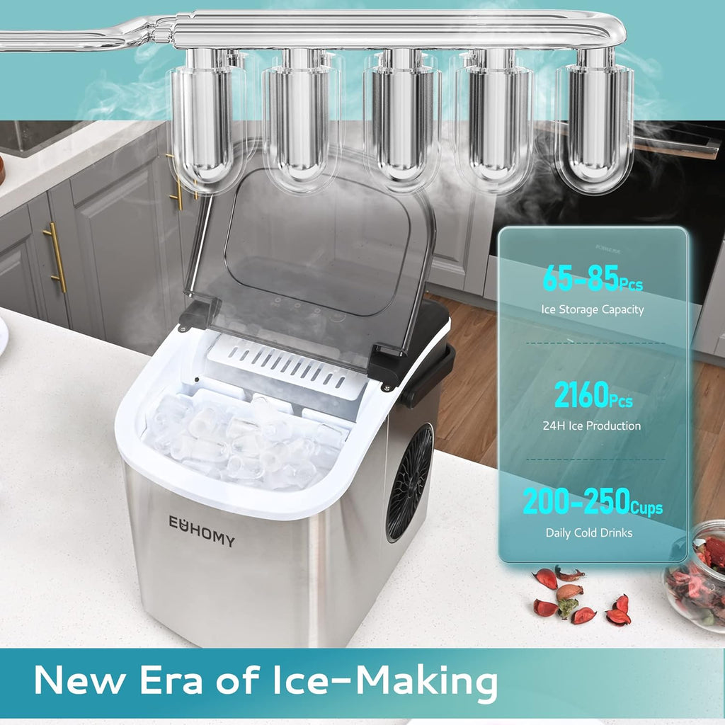 Euhomy 27lbs/24H Countertop Ice Maker, 9 Bullet Ice Cubes Ready in 6 Mins,  Auto-Cleaning (Silver) 