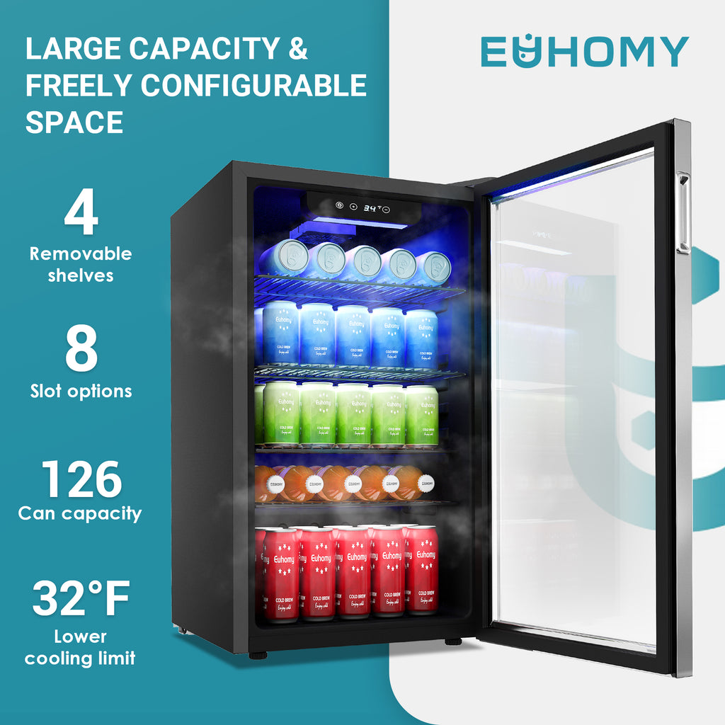 Euhomy 55 Can Beverage Refrigerator cooler-Mini Fridge Glass Door for Beer Drinks Wines, Freestanding Beverage Fridge with Adjustable Shelves Blue