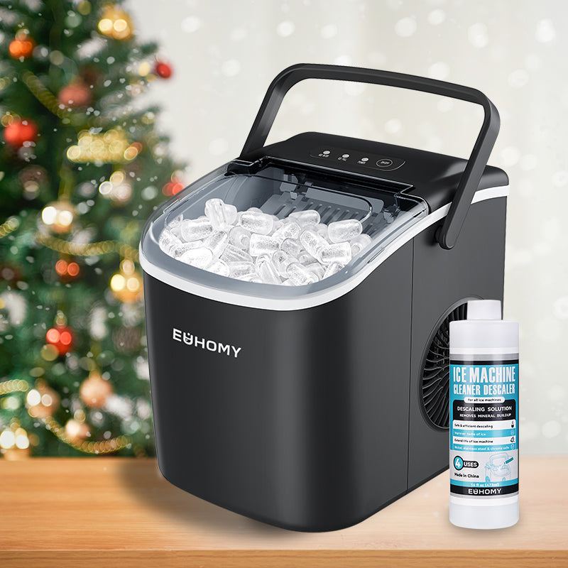 EUHOMY 12'' Black Bullet Ice Portable Low Noise  Ice Maker with Handle Including Cleaner Descaler