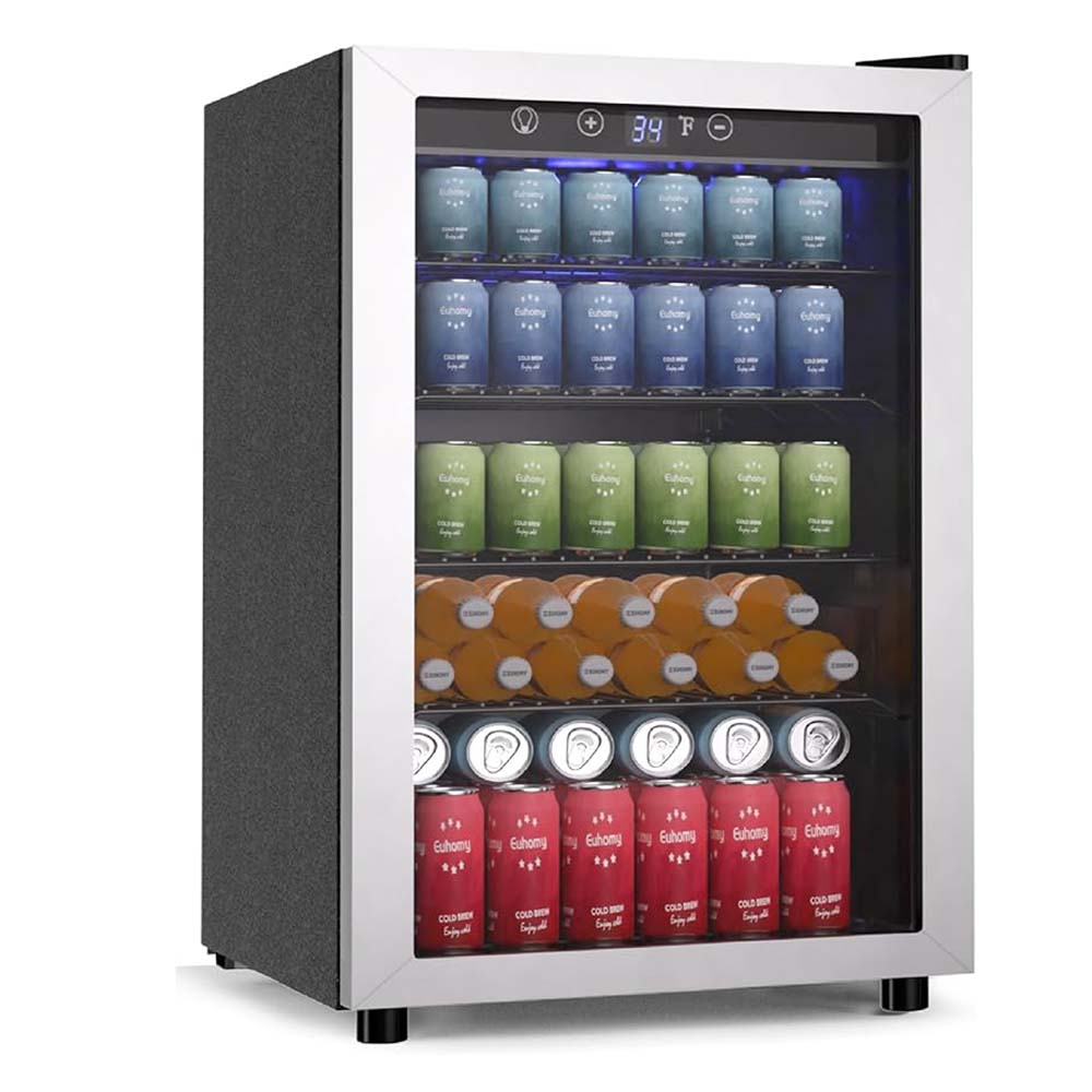 EUHOMY 4.5 Cu.ft Beverage Refrigerator Wine Cooler 145 Can Mini fridge with Glass Door for Soda Beer Wine, Small Drink Dispenser with Digital Adjustable Thermostat