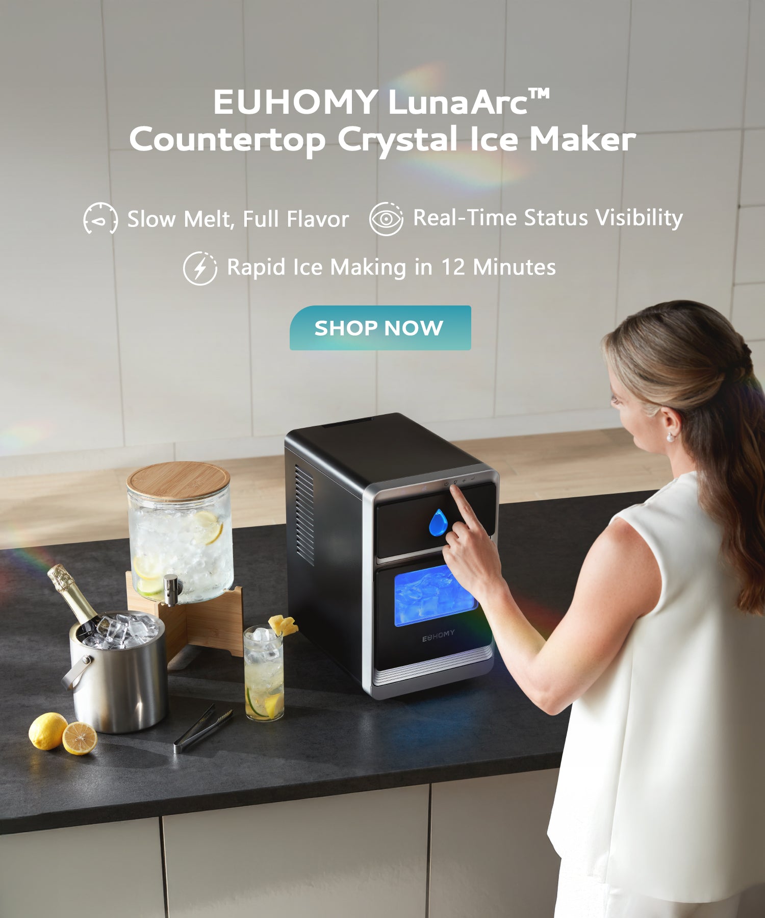 EUHOMY LunaArc Crescent Ice Maker – Makes 28 Lbs In 24 Hours, Ready In 12 Mins, Self-Cleaning, Perfect For Home & Parties