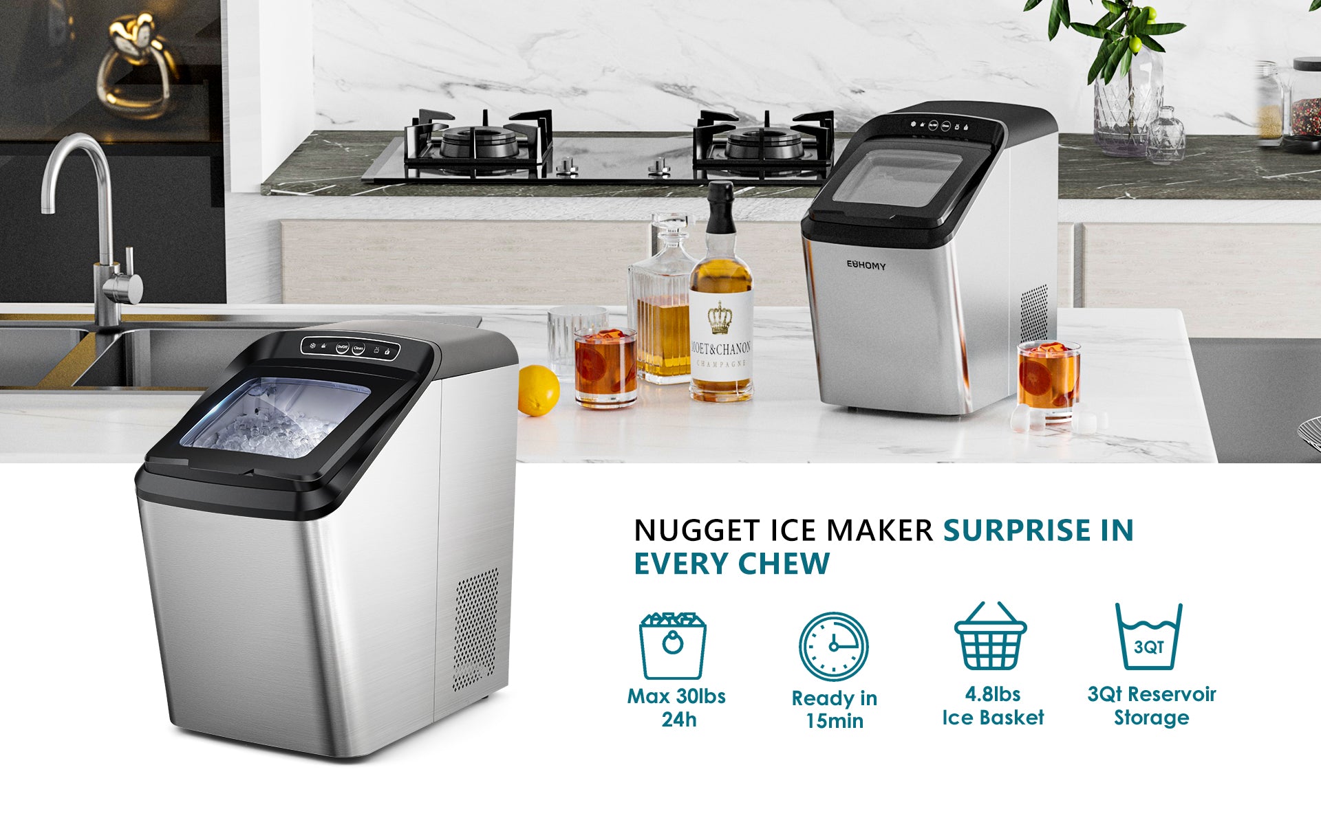 Nugget Pebble Ice Maker Countertop, 30lbs Per Day, Self-Cleaning &  Auto/Manual Water Refill Pellet , Ice Machine with Ice Scoop and Removable  Basket