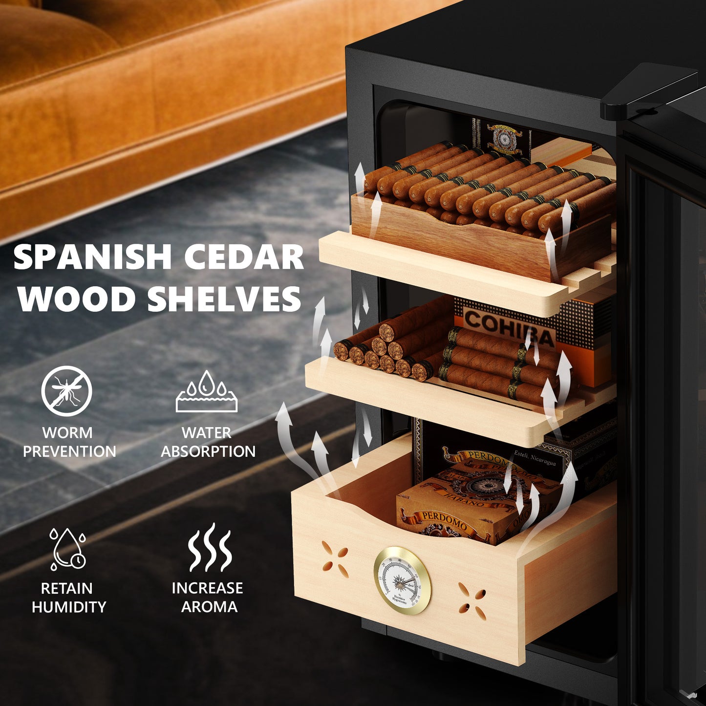 EUHOMY Electric Cigar Humidors, 25L Cigar Humidors, Cooling & Heating Humidor Cabinet with with Spanish Cedar Wood, Electric Cooler for 155 Counts with Digital Hygrometer, 3 Layers