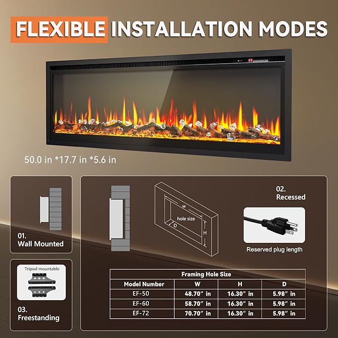 EUHOMY Electric Fireplace Recessed Wall Mounted Freestanding with Remote Control, Ultra-thin Fireplace Heater with Adjustable Flame Color, Linear Fireplace with Timer, Log & Crystal, 750/1500W