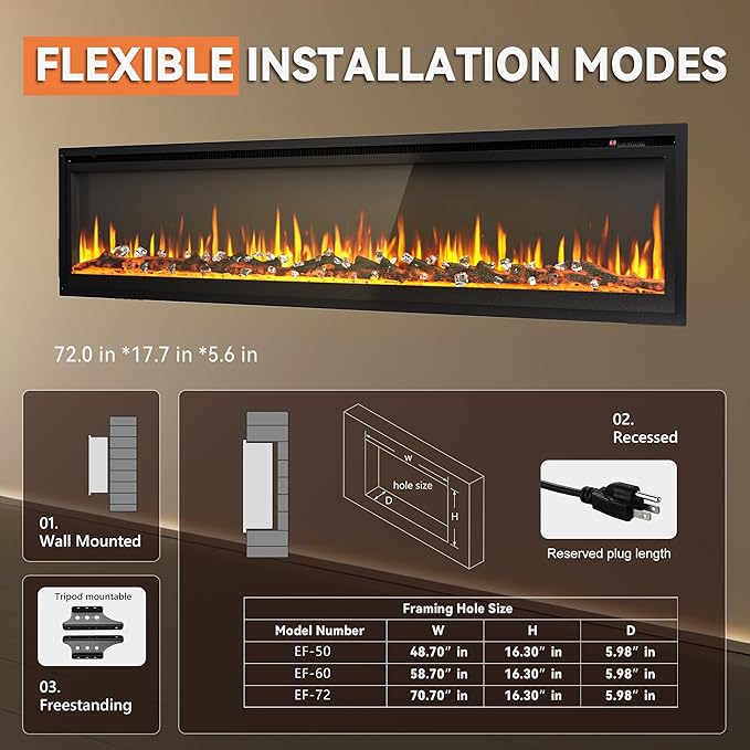 
                      
                        EUHOMY Electric Fireplace Recessed Wall Mounted Freestanding with Remote Control, Ultra-thin Fireplace Heater with Adjustable Flame Color, Linear Fireplace with Timer, Log & Crystal, 750/1500W
                      
                    