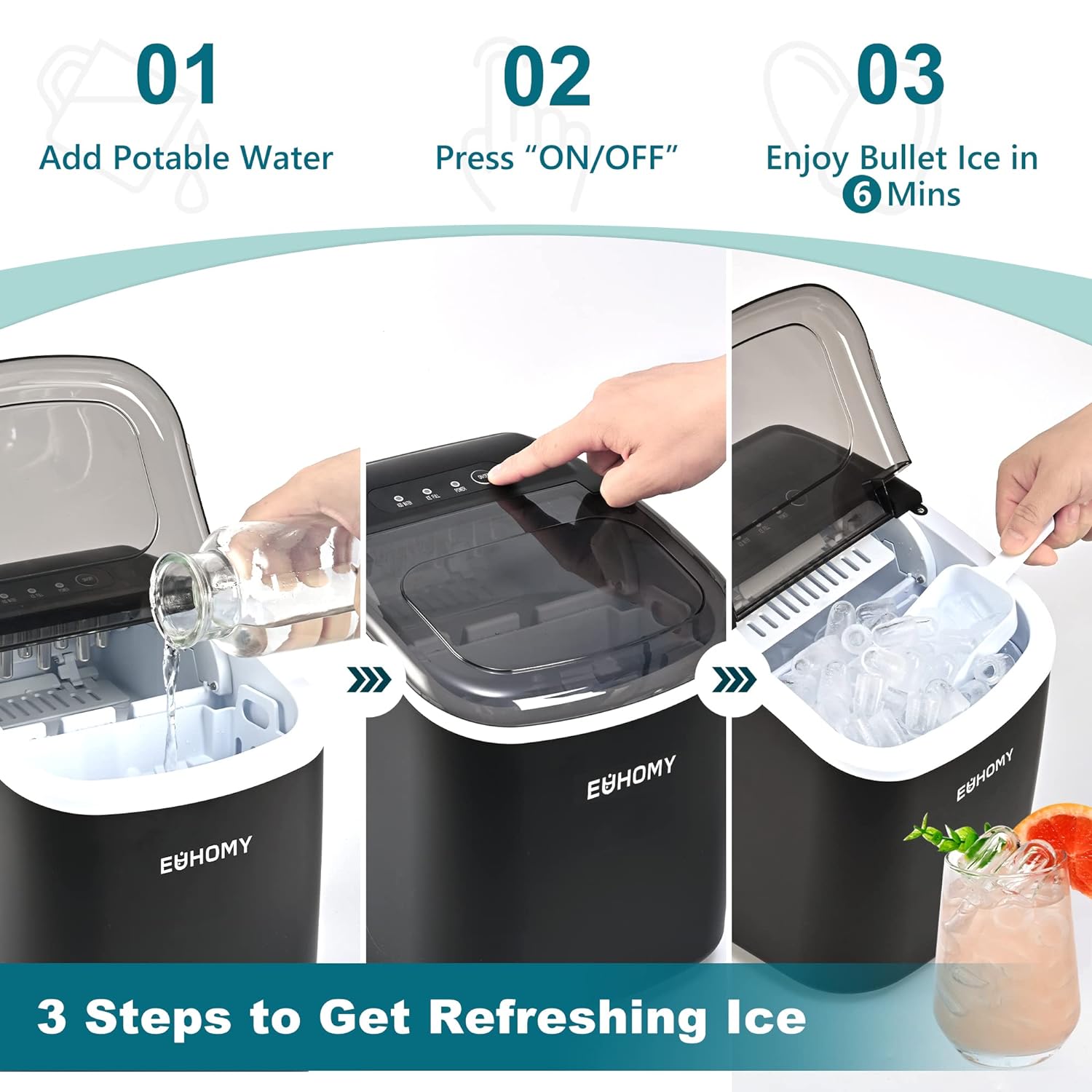 12 Inch Black Bullet Ice Portable Low Noise Ice Maker with