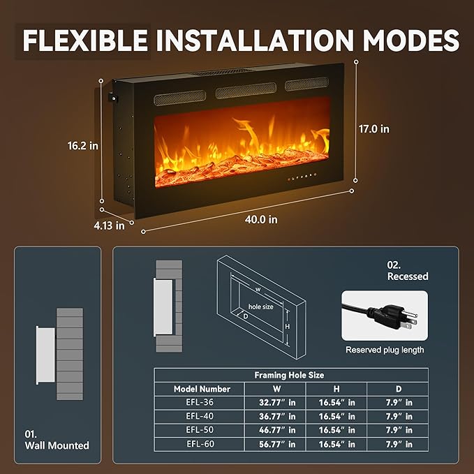 
                      
                        EUHOMY Electric Fireplace Wall Recessed and Wall Mounted with Adjustable Flame Color, Fireplace Heater with Remote Control, Linear Fireplace with Timer, Touch Screen, Log & Crystal, 750/1500W
                      
                    