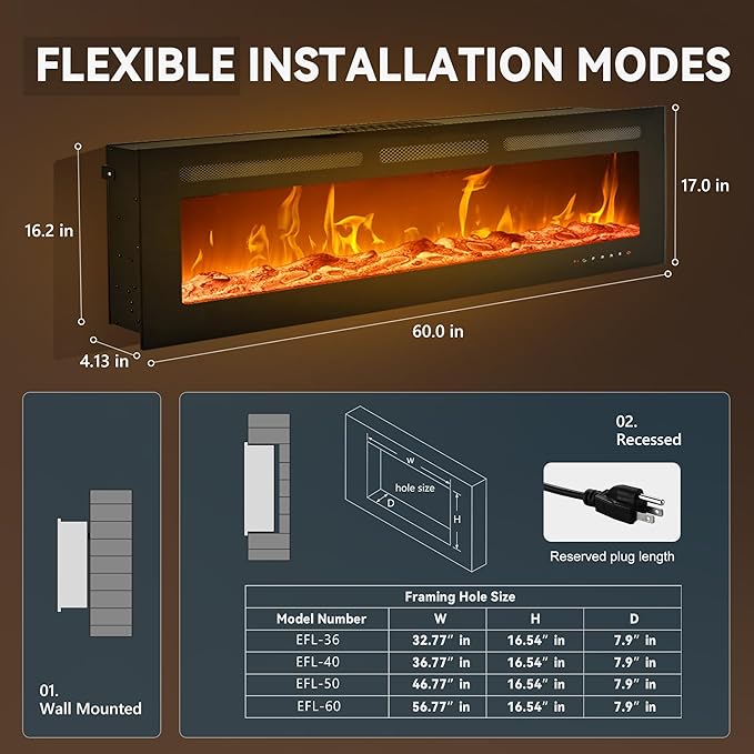 
                      
                        EUHOMY Electric Fireplace Wall Recessed and Wall Mounted with Adjustable Flame Color, Fireplace Heater with Remote Control, Linear Fireplace - Euhomy
                      
                    