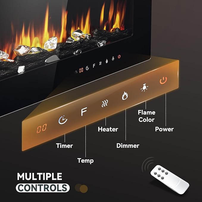 EUHOMY Electric Fireplace Wall Recessed and Wall Mounted with Adjustable Flame Color, Fireplace Heater with Remote Control, Linear Fireplace with Timer, Touch Screen, Log & Crystal, 750/1500W