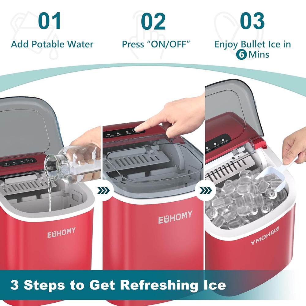 
                      
                        EUHOMY 12'' Red Bullet Ice Portable Self-Cleaning Ice Maker with Handle
                      
                    