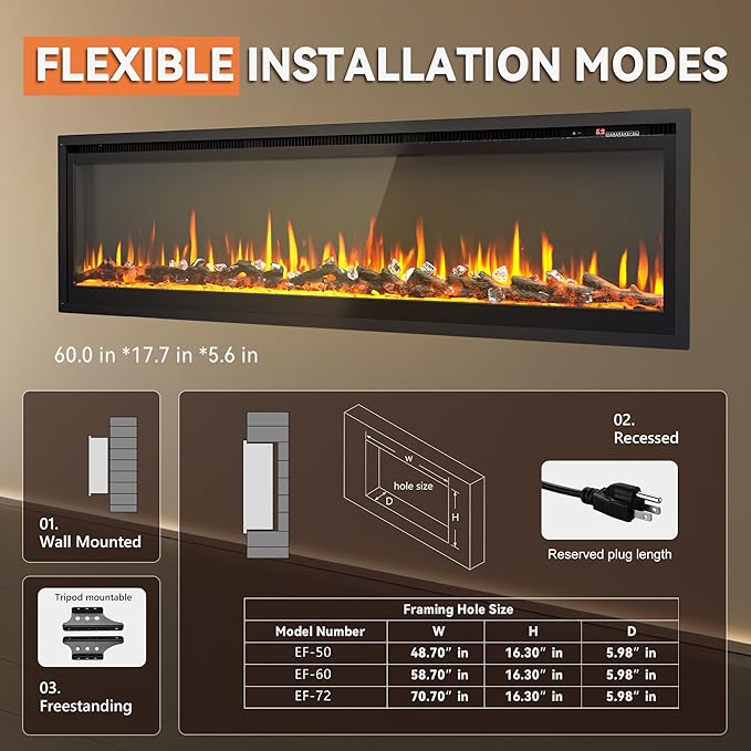 
                      
                        EUHOMY Electric Fireplace Recessed Wall Mounted Freestanding with Remote Control, Ultra-thin Fireplace Heater with Adjustable Flame Color, Linear Fireplace with Timer, Log & Crystal, 750/1500W
                      
                    