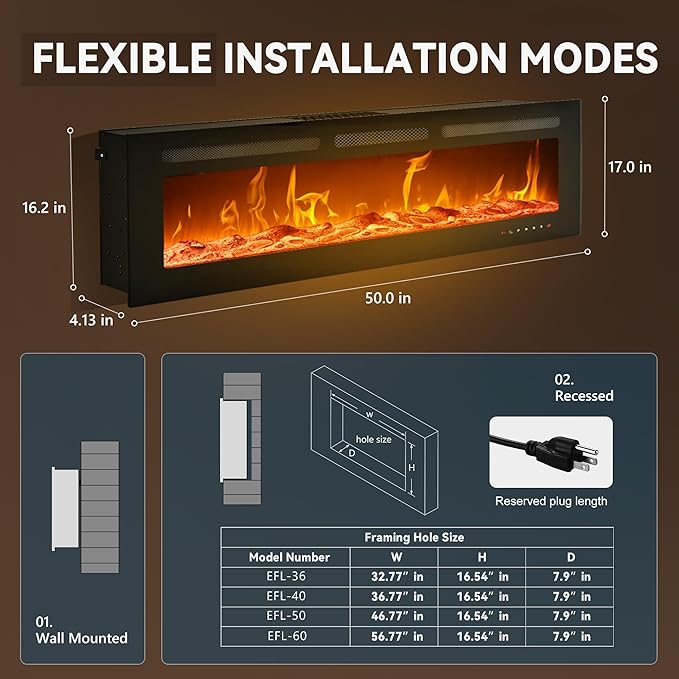 
                      
                        EUHOMY Electric Fireplace Wall Recessed and Wall Mounted with Adjustable Flame Color, Fireplace Heater with Remote Control, Linear Fireplace with Timer, Touch Screen, Log & Crystal, 750/1500W
                      
                    