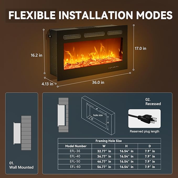 
                      
                        EUHOMY Electric Fireplace Wall Recessed and Wall Mounted with Adjustable Flame Color, Fireplace Heater with Remote Control, Linear Fireplace with Timer, Touch Screen, Log & Crystal, 750/1500W
                      
                    