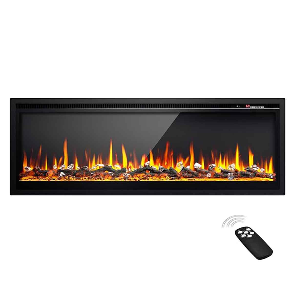 EUHOMY Electric Fireplace Recessed Wall Mounted Freestanding with Remote Control, Ultra-thin Fireplace Heater with Adjustable Flame Color, Linear Fireplace with Timer, Log & Crystal, 750/1500W