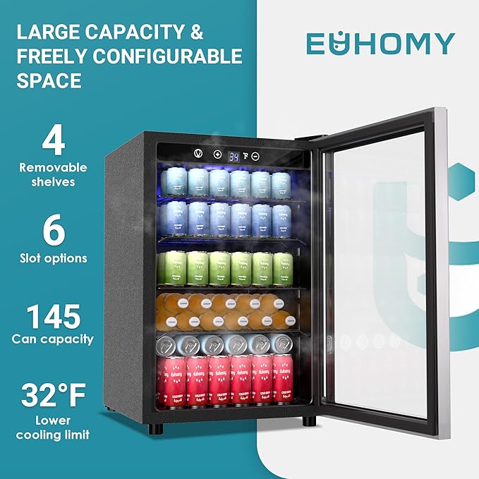 EUHOMY 4.5 Cu.ft Beverage Refrigerator Wine Cooler 145 Can Mini fridge with Glass Door for Soda Beer Wine, Small Drink Dispenser with Digital Adjustable Thermostat