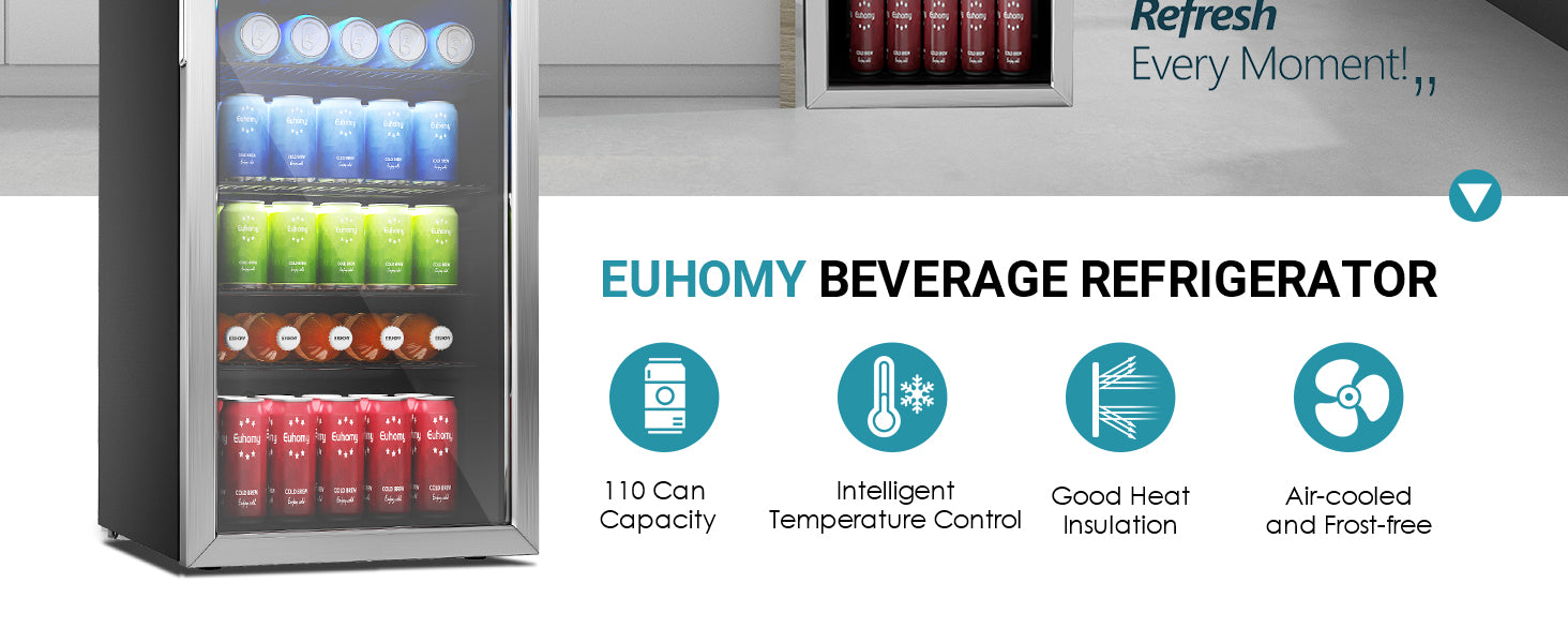 Euhomy Beverage Refrigerator and Cooler, 110 Can Mini Fridge with Glass Door, Small Refrigerator with Adjustable Shelves for Soda Beer or Wine