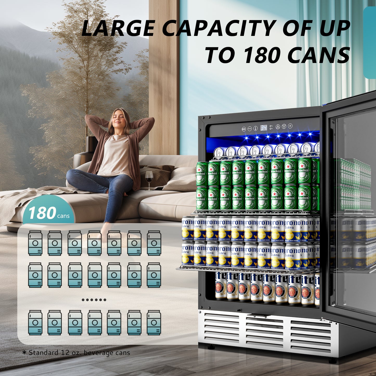 EUHOMY 24 Inch Beverage Refrigerator, 180 Can Under Counter Beer Fridge Large Capacity - Euhomy