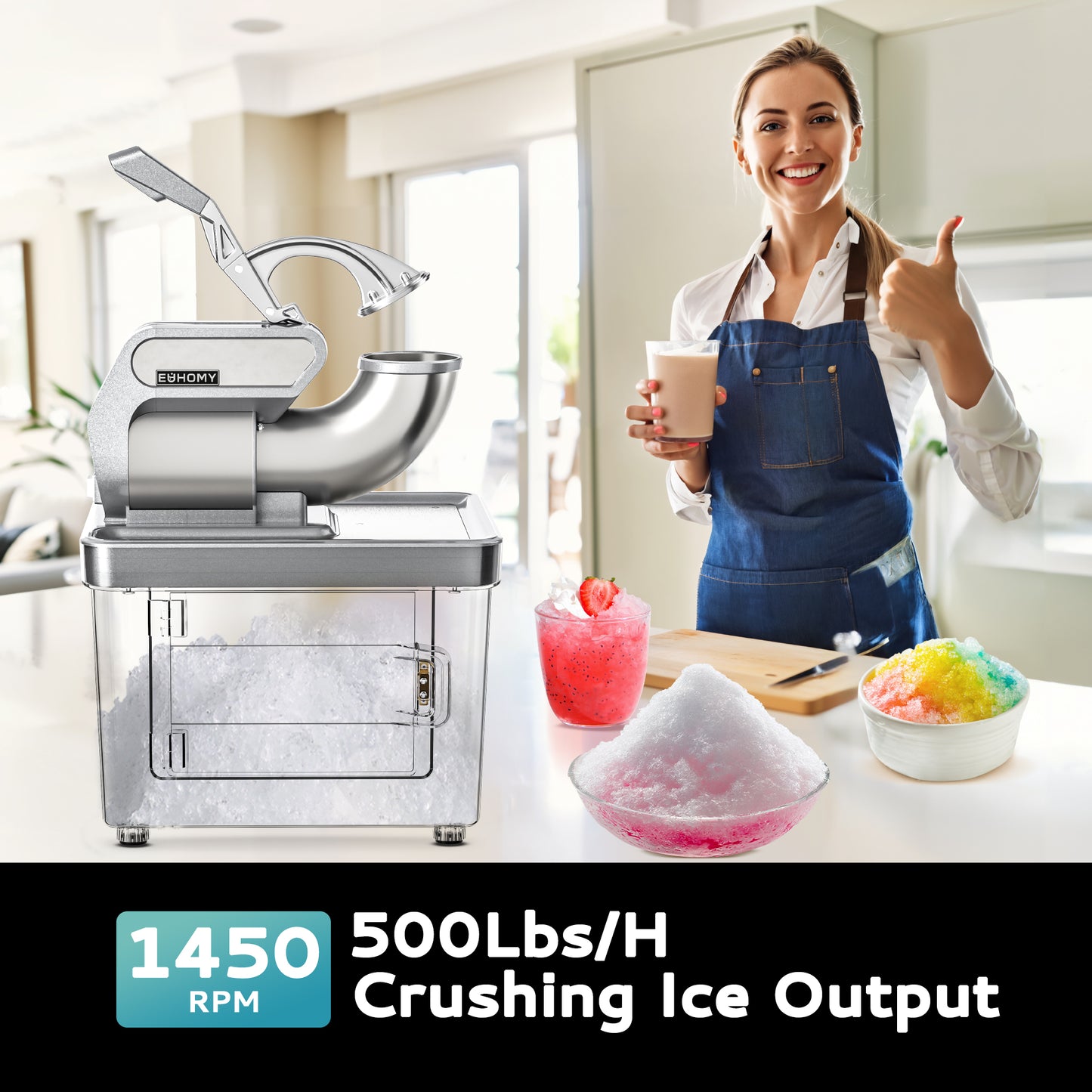 EUHOMY Commercial Ice Crusher, 500Lbs/H, ETL Approval, Snow Cone Machine with Dual Blades, Easy-to-Clean, 300W Electric Shaved Ice Machine with Safety Switch for Both Home & Commercial Use (Silver)