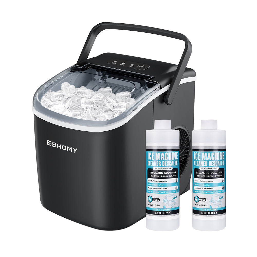 EUHOMY 12'' Black Bullet Ice Portable Low Noise  Ice Maker with Handle Includes 2 Bottles of Cleaner