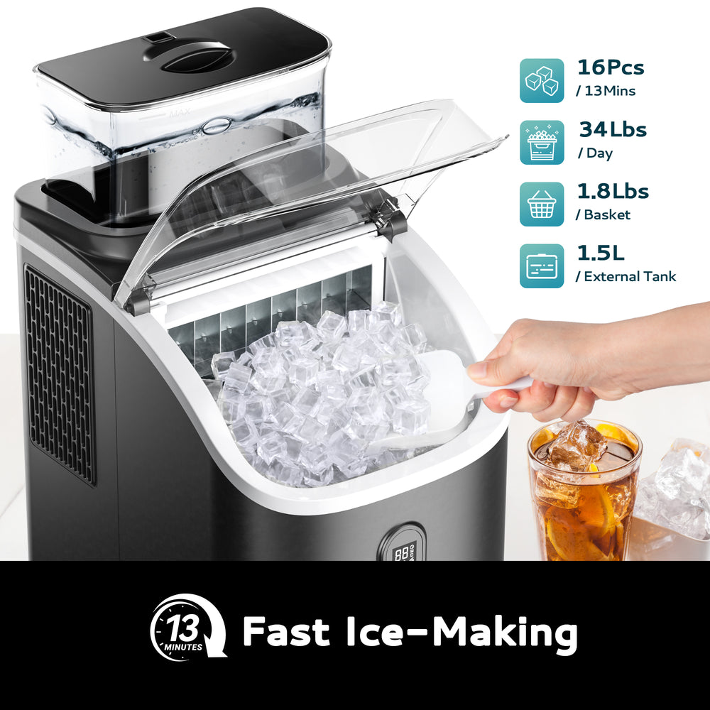 EUHOMY Ice Cube Maker Machine Countertop with External Water Tank, 34Lbs, 16Pcs Ready in 13 Mins, 2 Ways to Add Water, Auto-Cleaning, with Ice Scoop & Basket