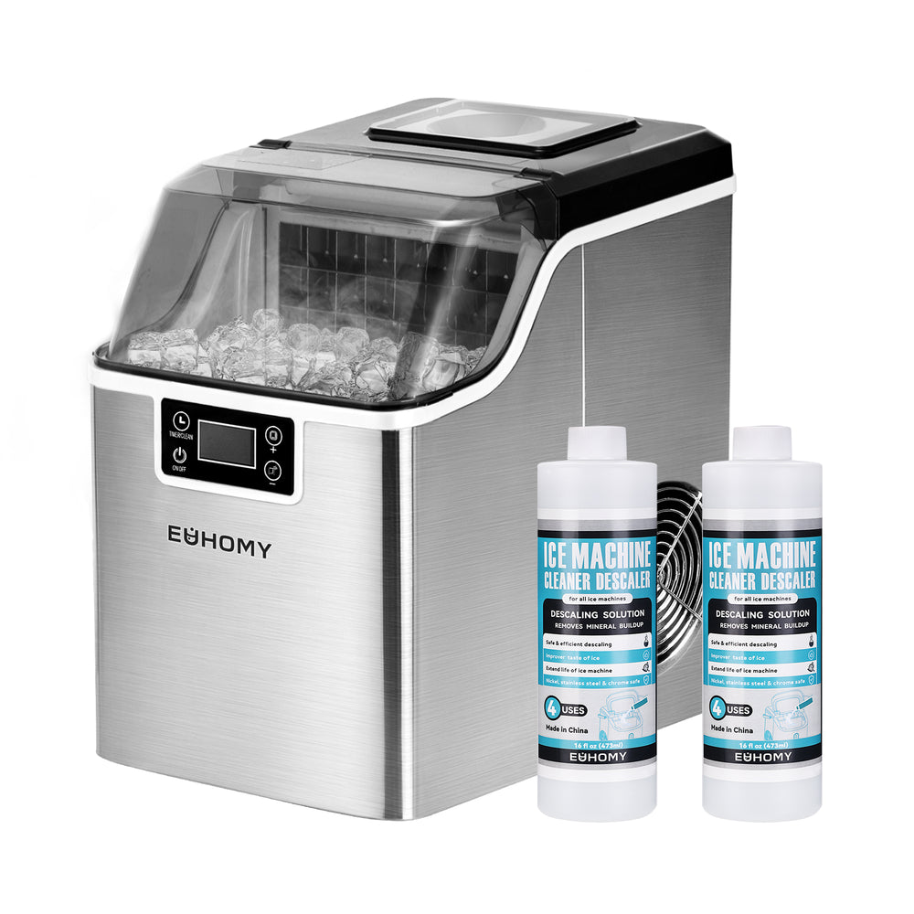 EUHOMY 14'' Cube Ice Compact Ice Maker Selectable Ice Thickness with Water Bucket Includes 2 Bottles of Cleaner