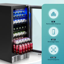 EUHOMY 15 Inch Beverage Refrigerator Cooler Under Counter 127 Cans Beverage Fridge with Glass Door