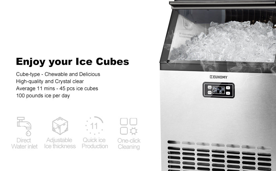  EUHOMY Commercial Ice Maker Machine, 100lbs/24H Stainless Steel  Under Counter ice Machine with 33lbs Ice Storage Capacity, Freestanding Ice  Maker. : Industrial & Scientific
