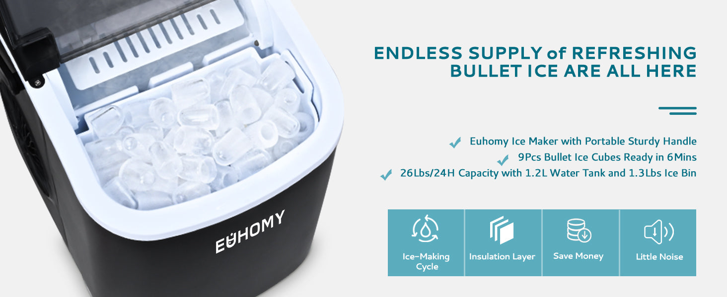  EUHOMY Countertop Ice Maker Machine with Handle, 26lbs